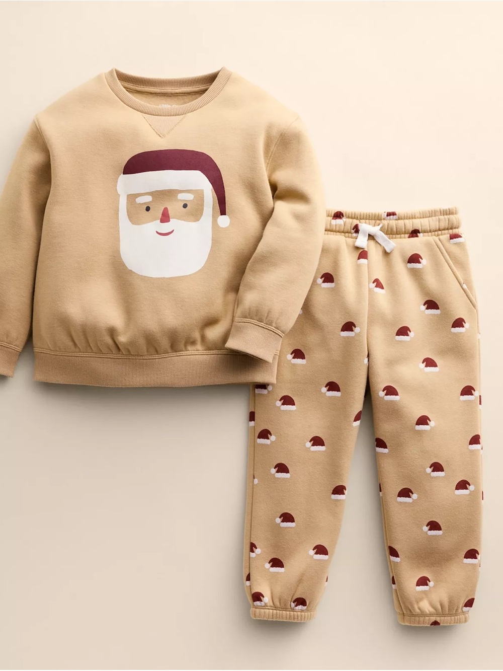 Little Co - Beige Santa Face Pajama Set - Festive Holiday Sleepwear - 3M